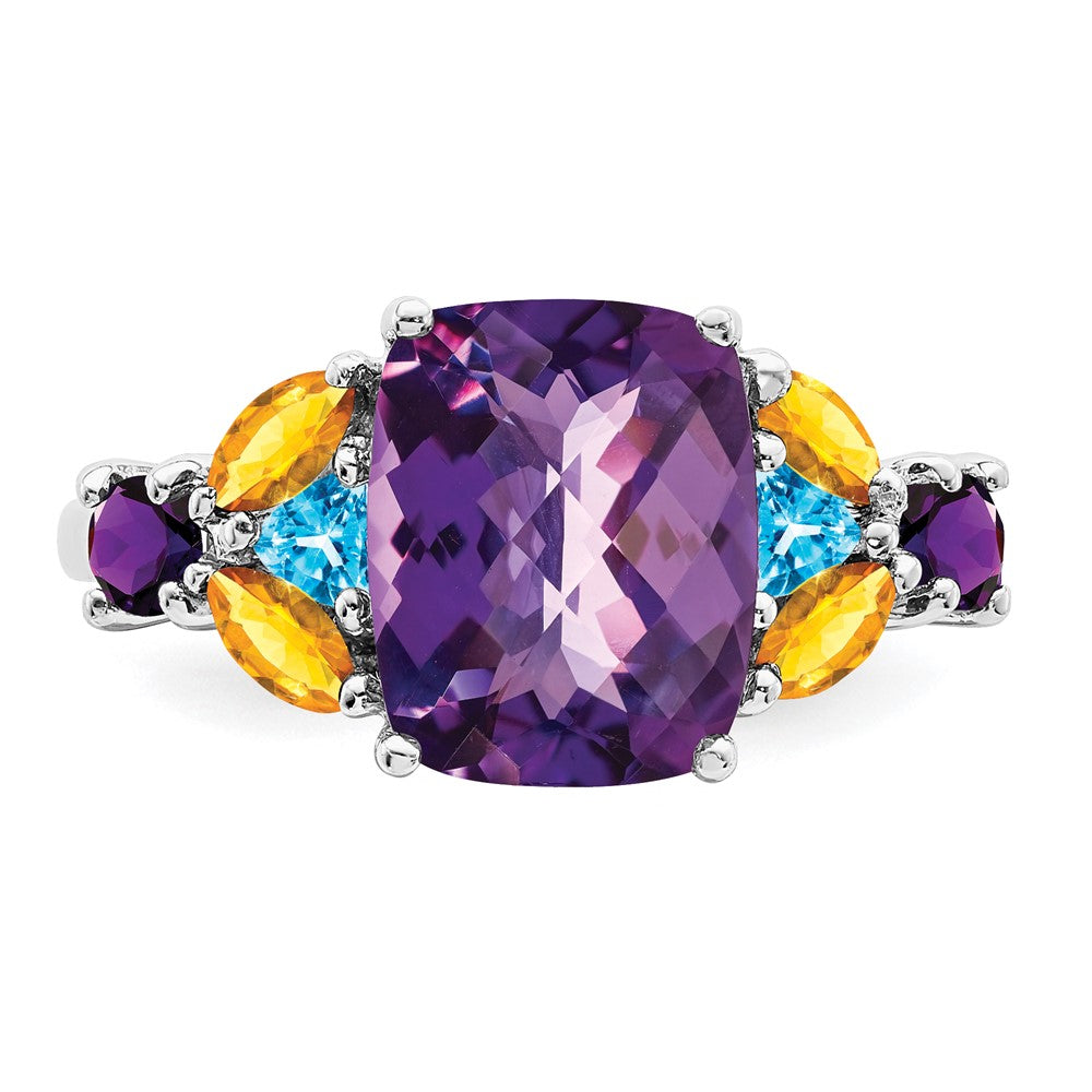 Sterling Silver Rhodium-plated Amethyst, Blue Topaz & Citrine Ring - 6