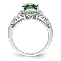 Sterling Silver Rhodium Checker-Cut Green Quartz & Diam. Ring - 5