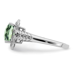 Sterling Silver Rhodium Checker-Cut Green Quartz & Diam. Ring - 5