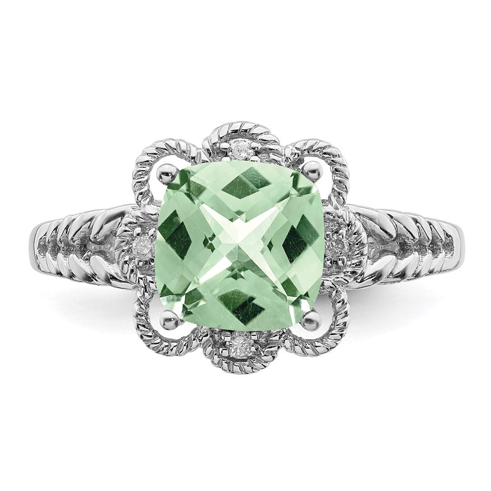 Sterling Silver Rhodium Checker-Cut Green Quartz & Diam. Ring - 5