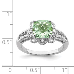 Sterling Silver Rhodium Checker-Cut Green Quartz & Diam. Ring - 5