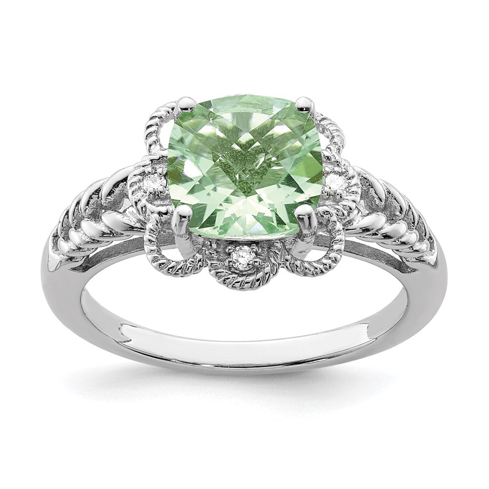 Sterling Silver Rhodium Checker-Cut Green Quartz & Diam. Ring - 2
