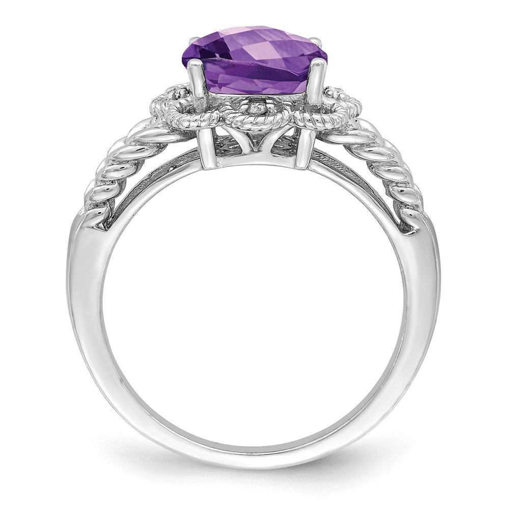 Sterling Silver Rhodium-plated Checker-Cut Amethyst & Diamond Ring - 6