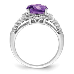 Sterling Silver Rhodium-plated Checker-Cut Amethyst & Diamond Ring - 6