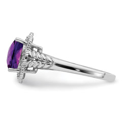 Sterling Silver Rhodium-plated Checker-Cut Amethyst & Diamond Ring - 6