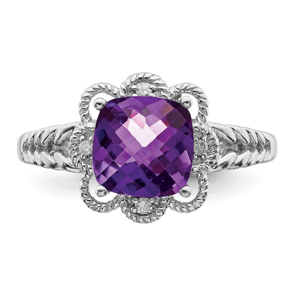 Sterling Silver Rhodium-plated Checker-Cut Amethyst & Diamond Ring - 6