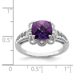 Sterling Silver Rhodium-plated Checker-Cut Amethyst & Diamond Ring - 6