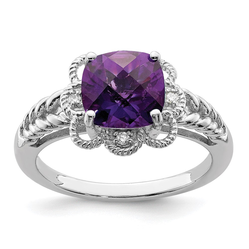Sterling Silver Rhodium-plated Checker-Cut Amethyst & Diamond Ring - 6