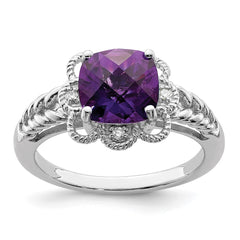 Sterling Silver Rhodium-plated Checker-Cut Amethyst & Diamond Ring - 6