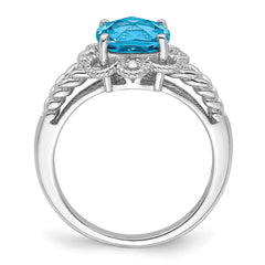 Sterling Silver Rhodium Checker-Cut Blue Topaz & Diam. Ring - 11