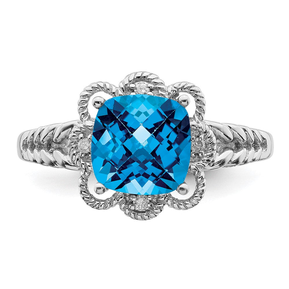 Sterling Silver Rhodium Checker-Cut Blue Topaz & Diam. Ring - 12