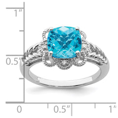 Sterling Silver Rhodium Checker-Cut Blue Topaz & Diam. Ring - 11