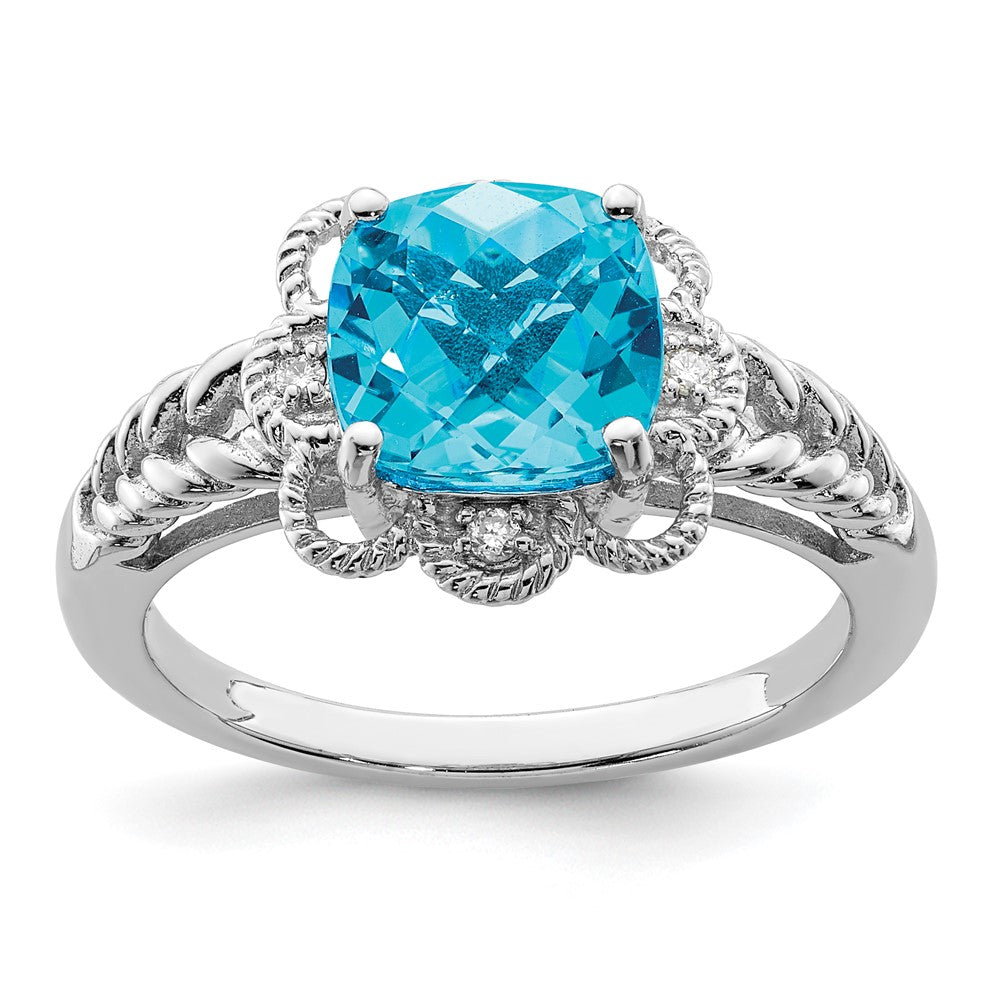Sterling Silver Rhodium Checker-Cut Blue Topaz & Diam. Ring - 11
