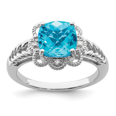 Sterling Silver Rhodium Checker-Cut Blue Topaz & Diam. Ring - 12
