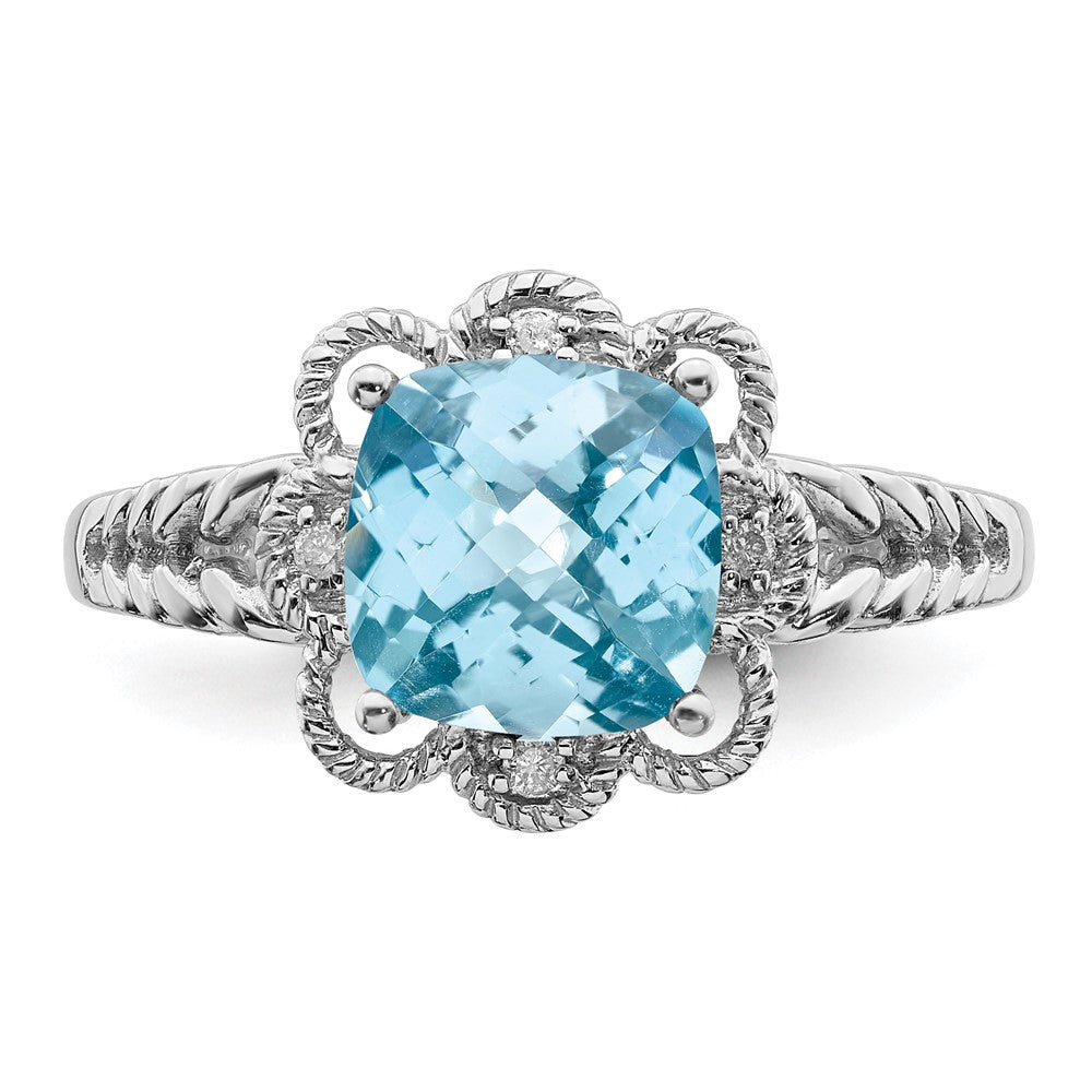 Sterling Silver Rhodium Checker-Cut Sky Blue Topaz & Diam. Ring - 6