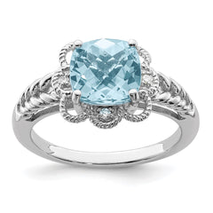 Sterling Silver Rhodium Checker-Cut Sky Blue Topaz & Diam. Ring - 6