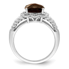 Sterling Silver Rhodium Checker-Cut Smoky Quartz & Diam. Ring - 5