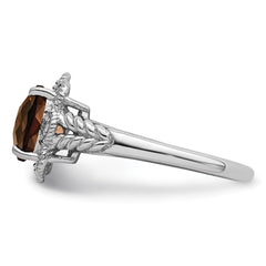 Sterling Silver Rhodium Checker-Cut Smoky Quartz & Diam. Ring - 5