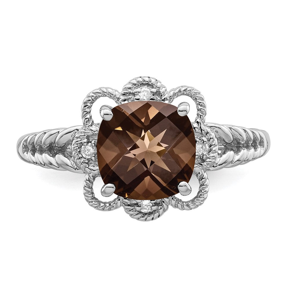 Sterling Silver Rhodium Checker-Cut Smoky Quartz & Diam. Ring - 5