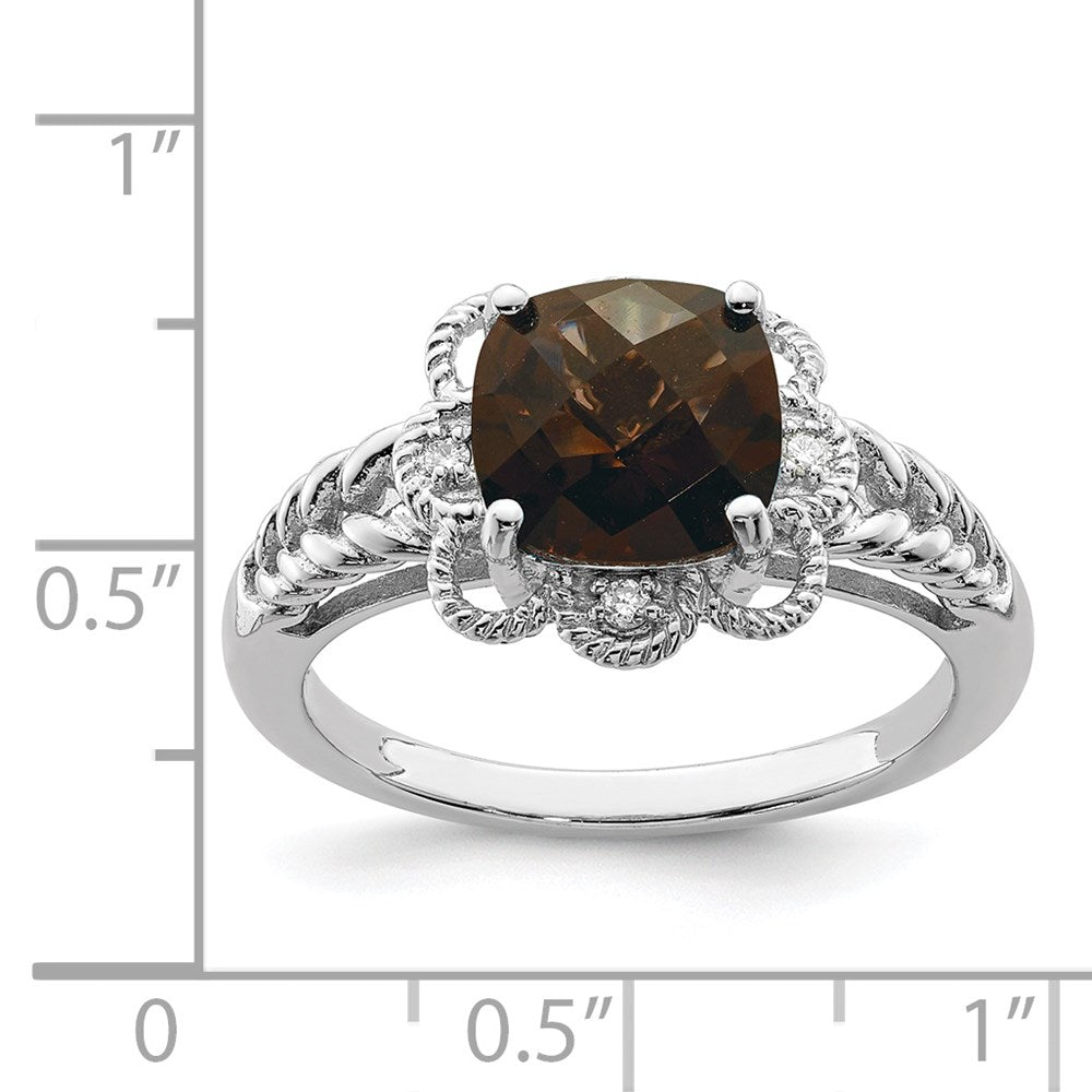 Sterling Silver Rhodium Checker-Cut Smoky Quartz & Diam. Ring - 6