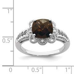 Sterling Silver Rhodium Checker-Cut Smoky Quartz & Diam. Ring - 5