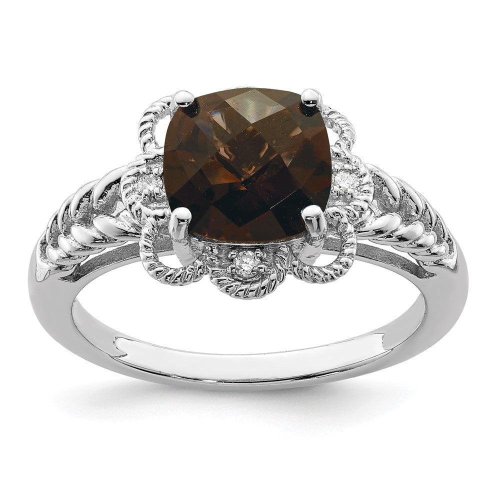 Sterling Silver Rhodium Checker-Cut Smoky Quartz & Diam. Ring - 5