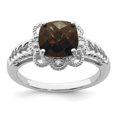 Sterling Silver Rhodium Checker-Cut Smoky Quartz & Diam. Ring - 5