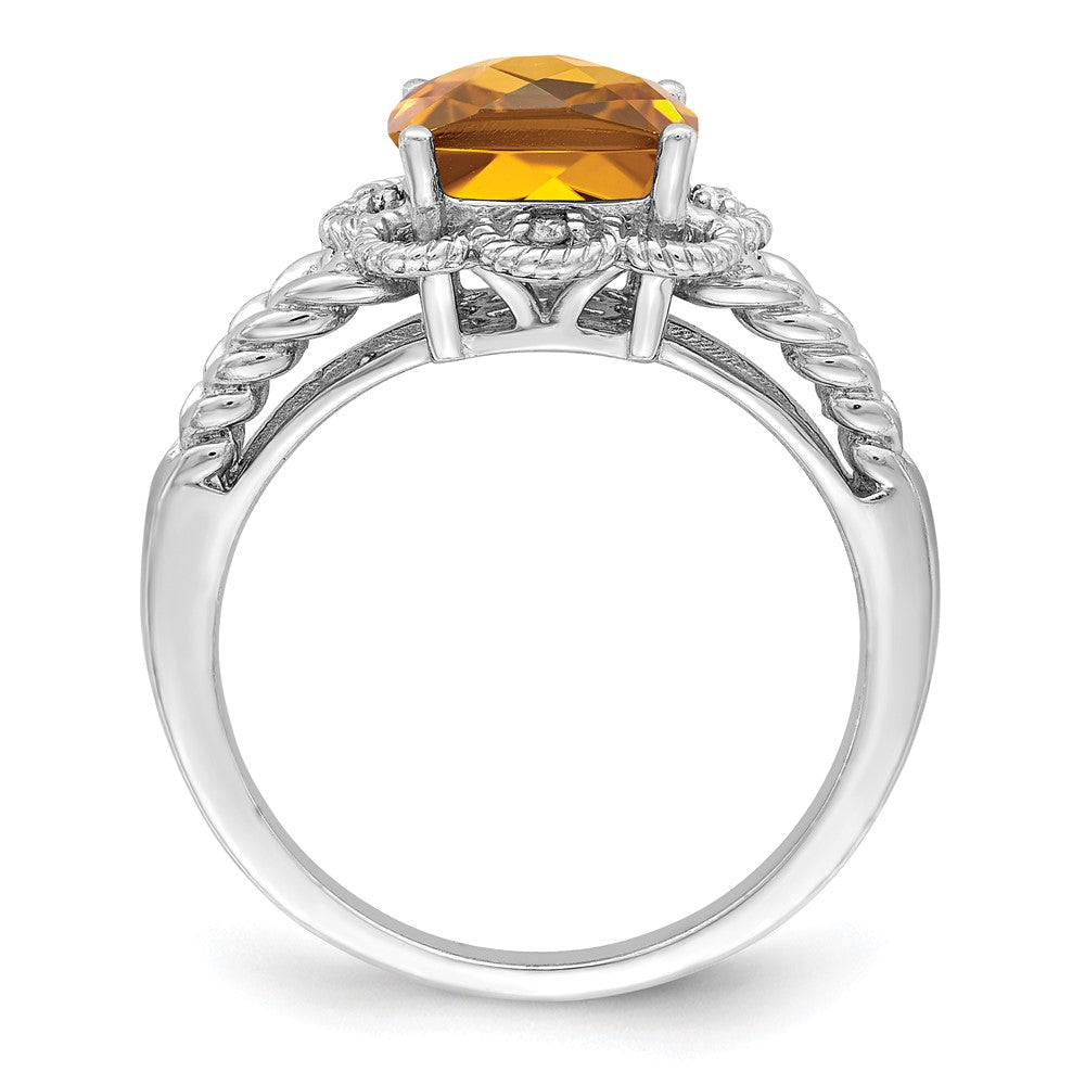 Sterling Silver Rhodium Checker-Cut Whiskey Quartz & Diam. Ring - 6