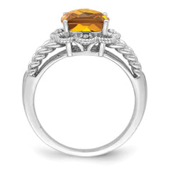 Sterling Silver Rhodium Checker-Cut Whiskey Quartz & Diam. Ring - 6