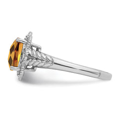 Sterling Silver Rhodium Checker-Cut Whiskey Quartz & Diam. Ring - 6