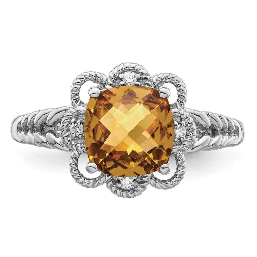 Sterling Silver Rhodium Checker-Cut Whiskey Quartz & Diam. Ring - 6