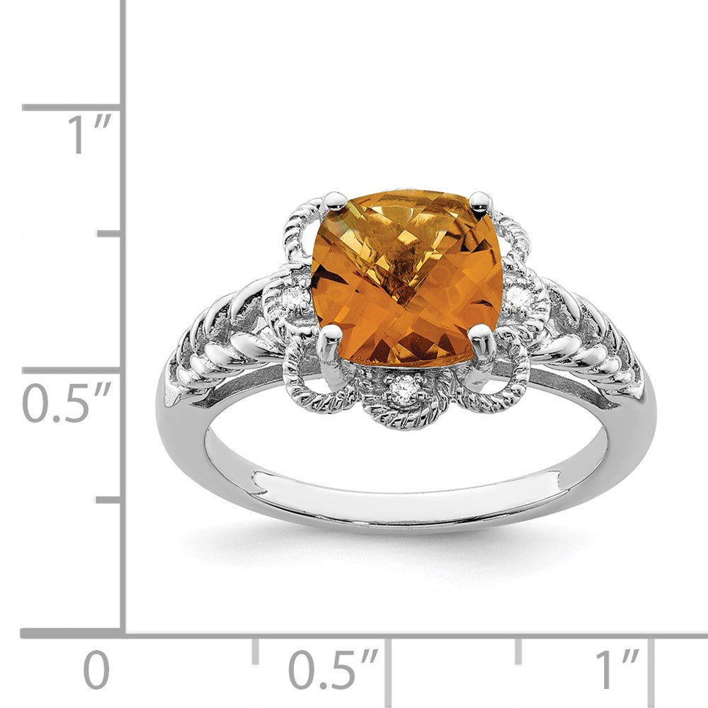 Sterling Silver Rhodium Checker-Cut Whiskey Quartz & Diam. Ring - 6