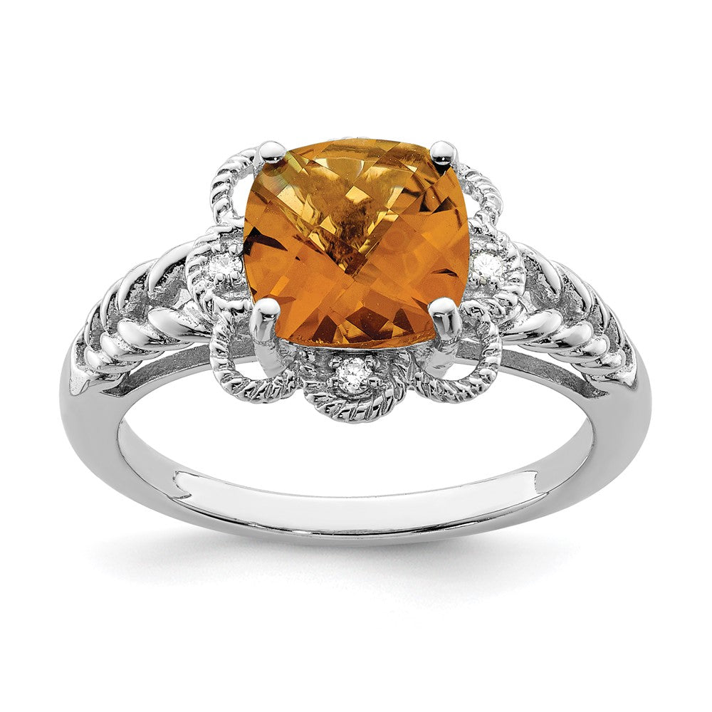 Sterling Silver Rhodium Checker-Cut Whiskey Quartz & Diam. Ring - 6