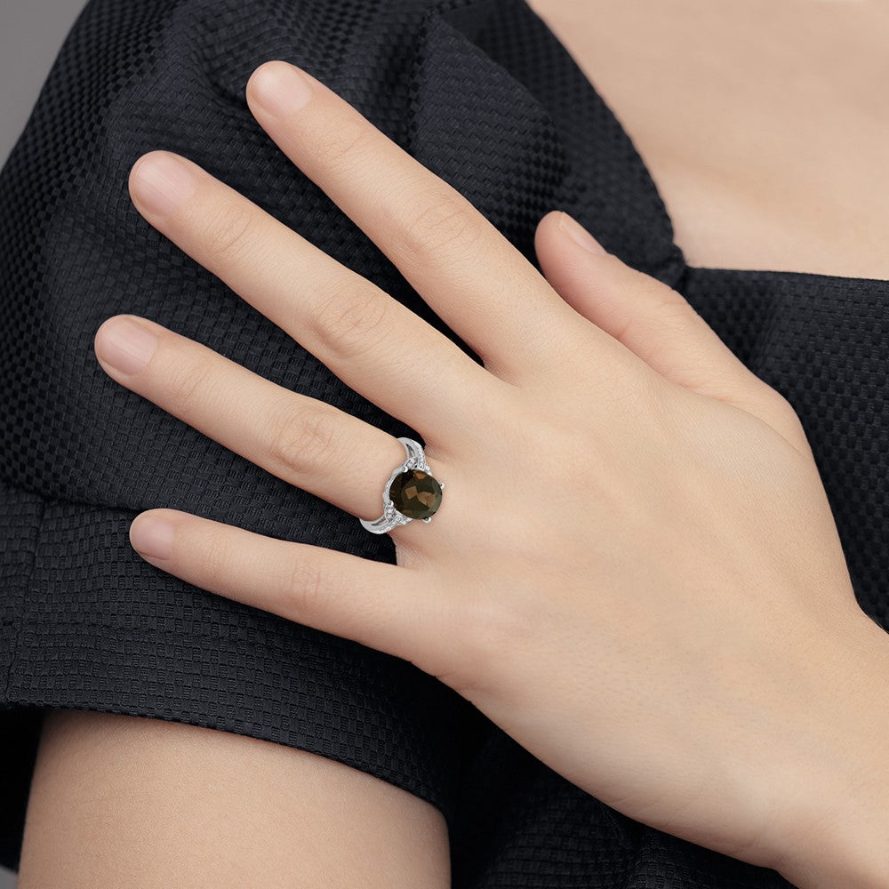 Sterling Silver Rhodium Smoky Quartz & Diam. Ring - 16
