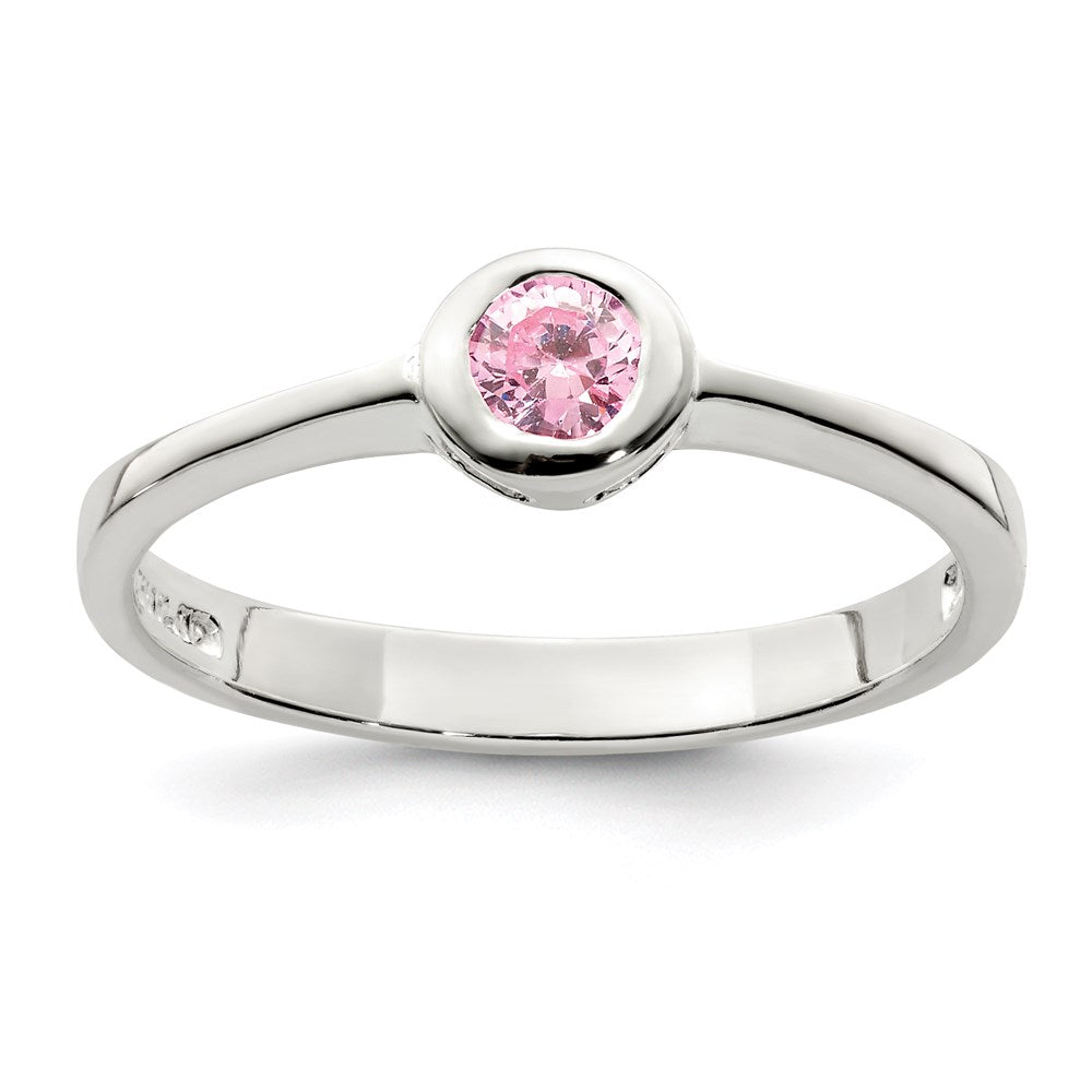 Sterling Silver Pink Round Bezel CZ Ring - 2