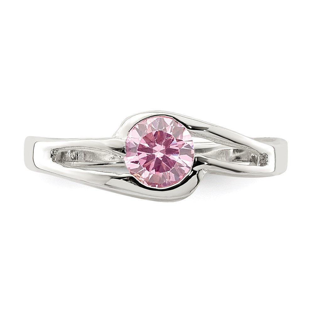 Sterling Silver Pink Round Bezel CZ Ring - 6