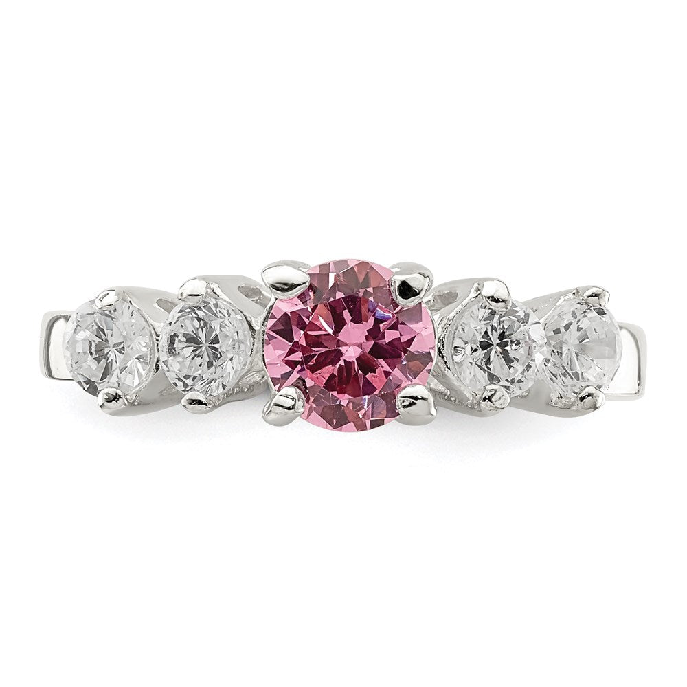 Sterling Silver Pink Round CZ w/Side Stones Ring - 2