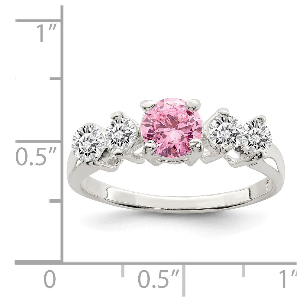 Sterling Silver Pink Round CZ w/Side Stones Ring - 3