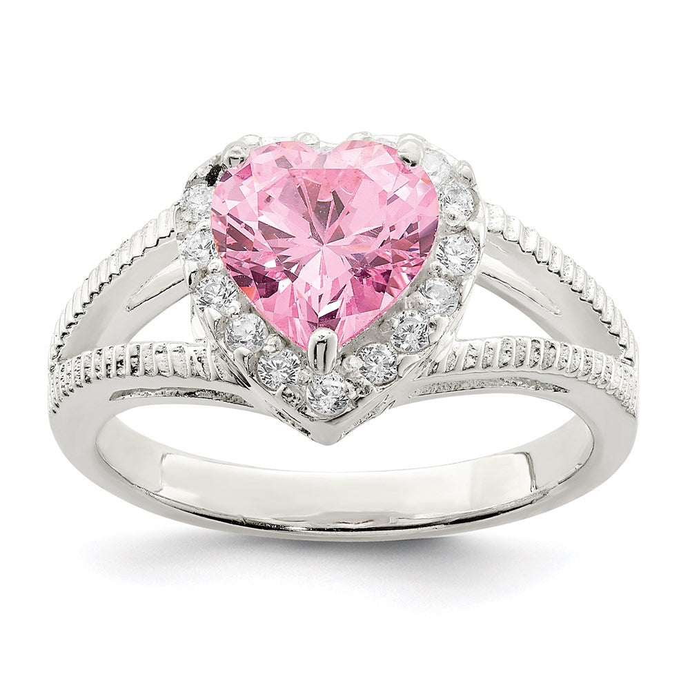 Sterling Silver Pink CZ Heart Ring - 6