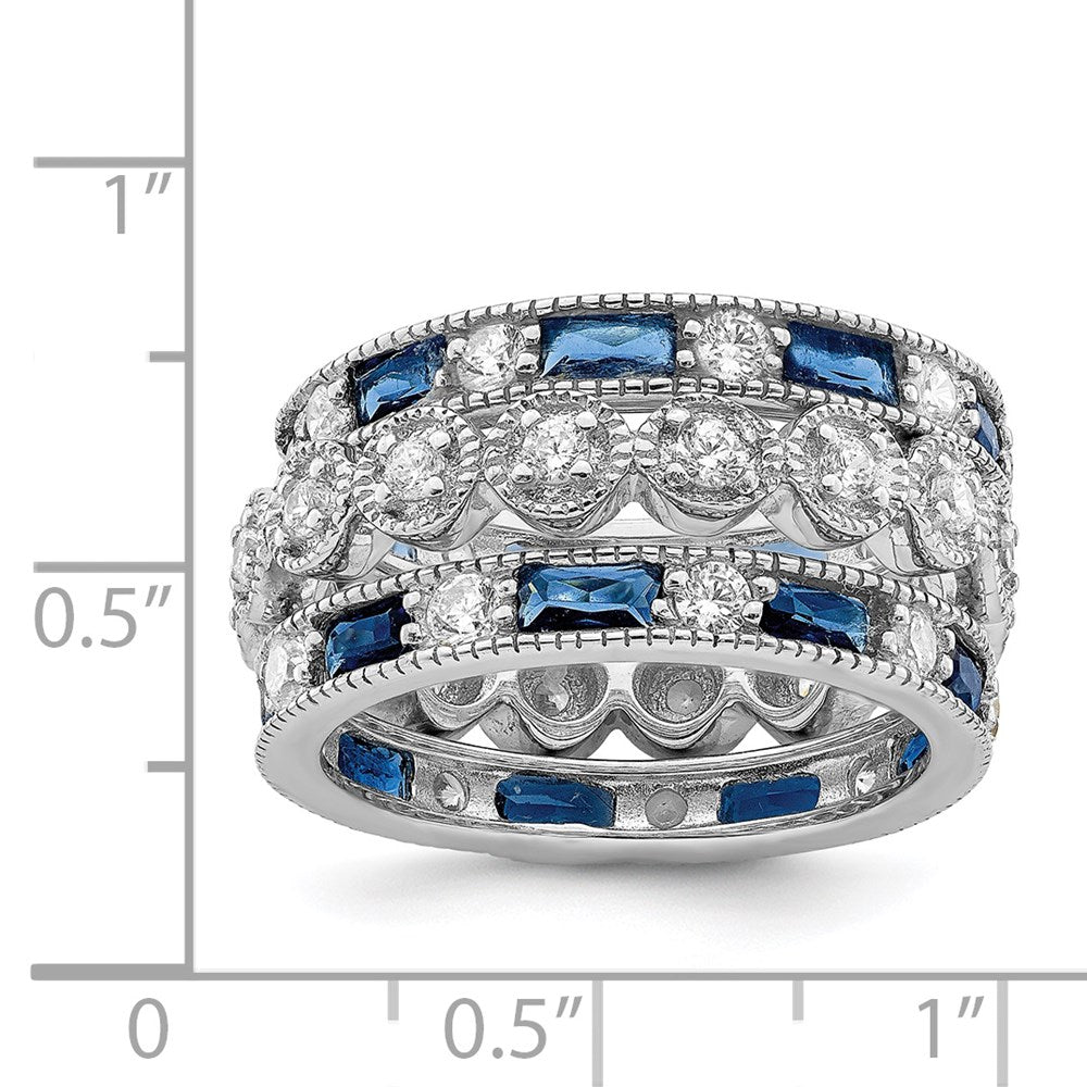 Sterling Silver Rhod-pltd Triple Band Blue/White/Clear Circle Center Ring - 2