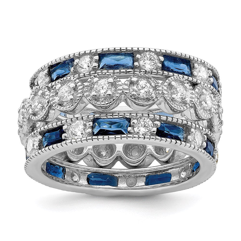 Sterling Silver Rhod-pltd Triple Band Blue/White/Clear Circle Center Ring - 2