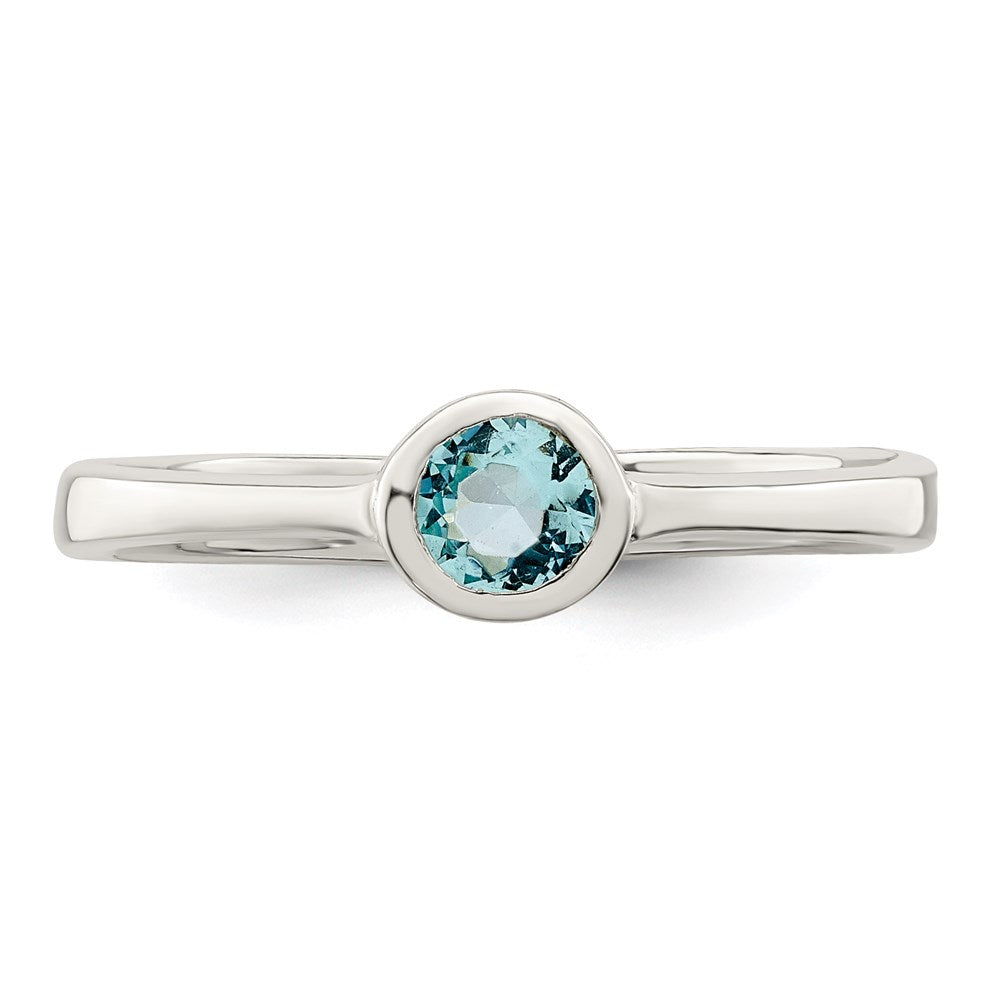 Sterling Silver Light Blue Round Bezel CZ Ring - 6
