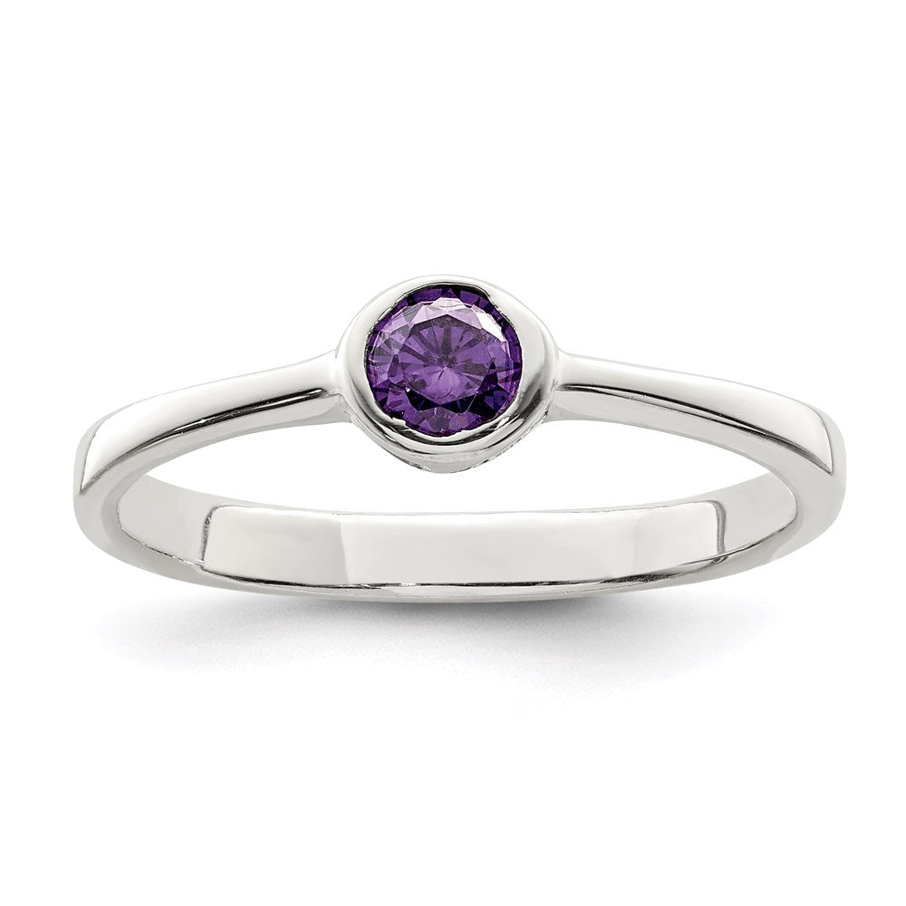 Sterling Silver Purple Round Bezel CZ Ring - 5