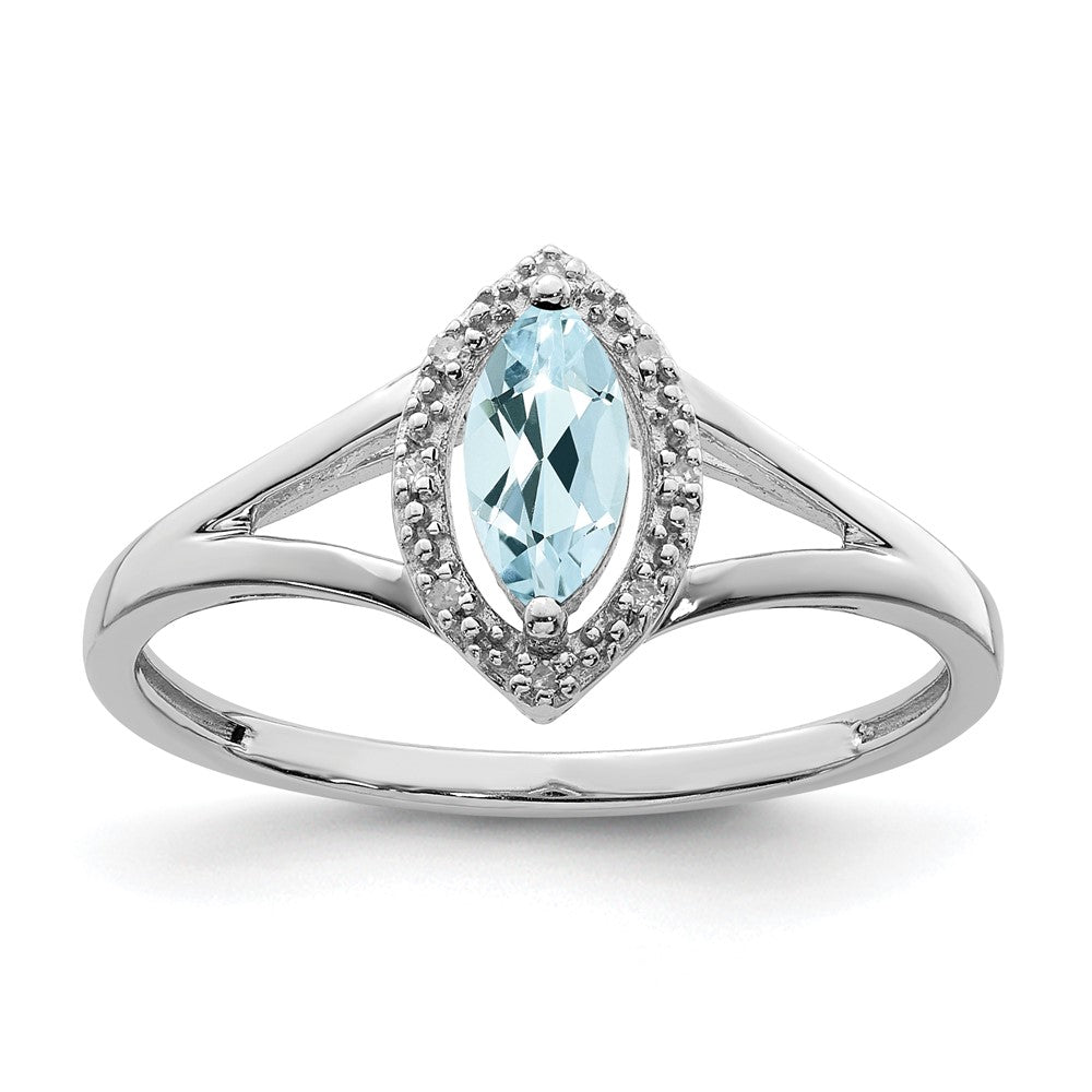 Sterling Silver Rhodium Plated Diamond & Aquamarine Marquise Ring - 2