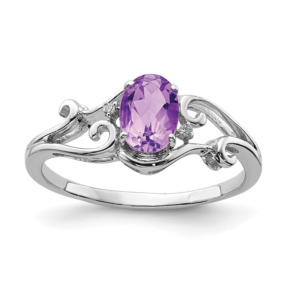 Sterling Silver Rhodium Plated Diamond and Amethyst Oval Ring - 4
