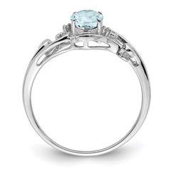 Sterling Silver Rhodium Plated Diamond & Aquamarine Oval Ring - 6