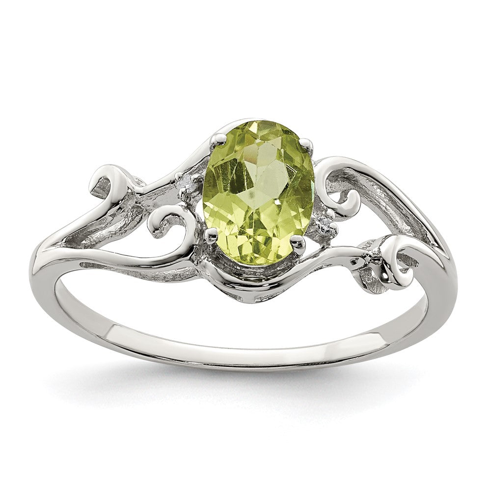 Sterling Silver Rhodium Plated Diamond and Peridot Oval Ring - 6