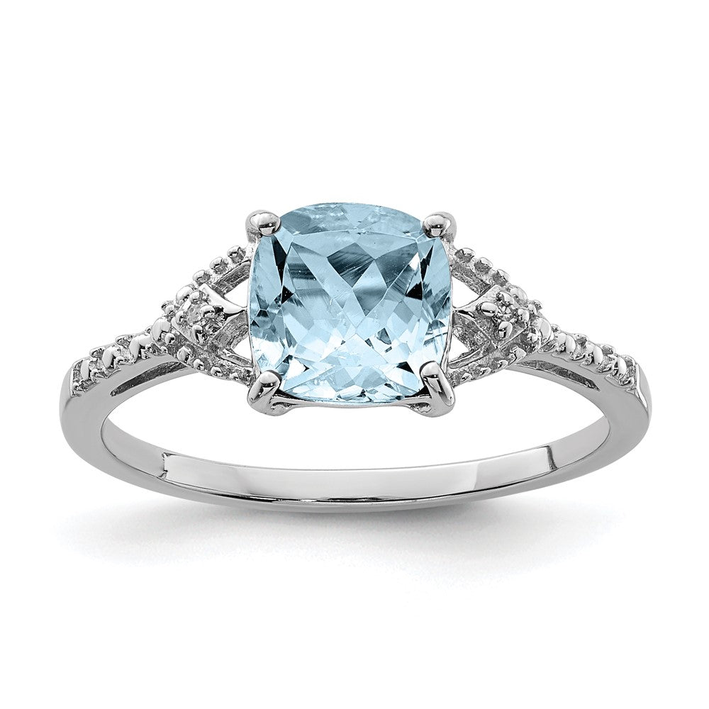 Sterling Silver Rhodium Plated Diamond and Aquamarine Ring - 4