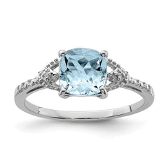 Sterling Silver Rhodium Plated Diamond and Aquamarine Ring - 4