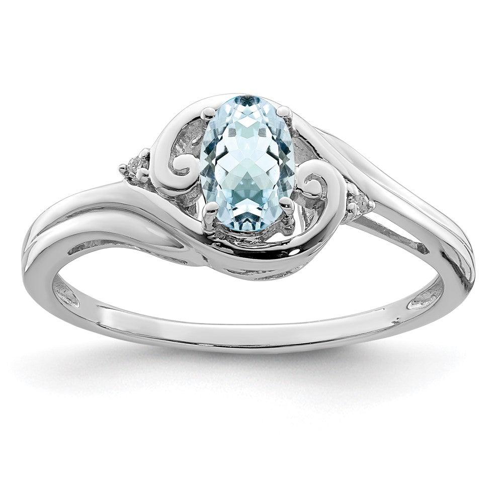 Sterling Silver Rhodium Plated Diamond & Aquamarine Ring - 4